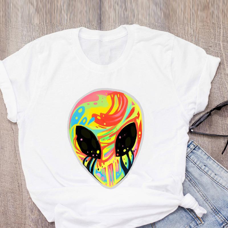 Футболка с принтом в виде мультяшного инопланетянина радужного цвета с коротким рукавом, женская одежда