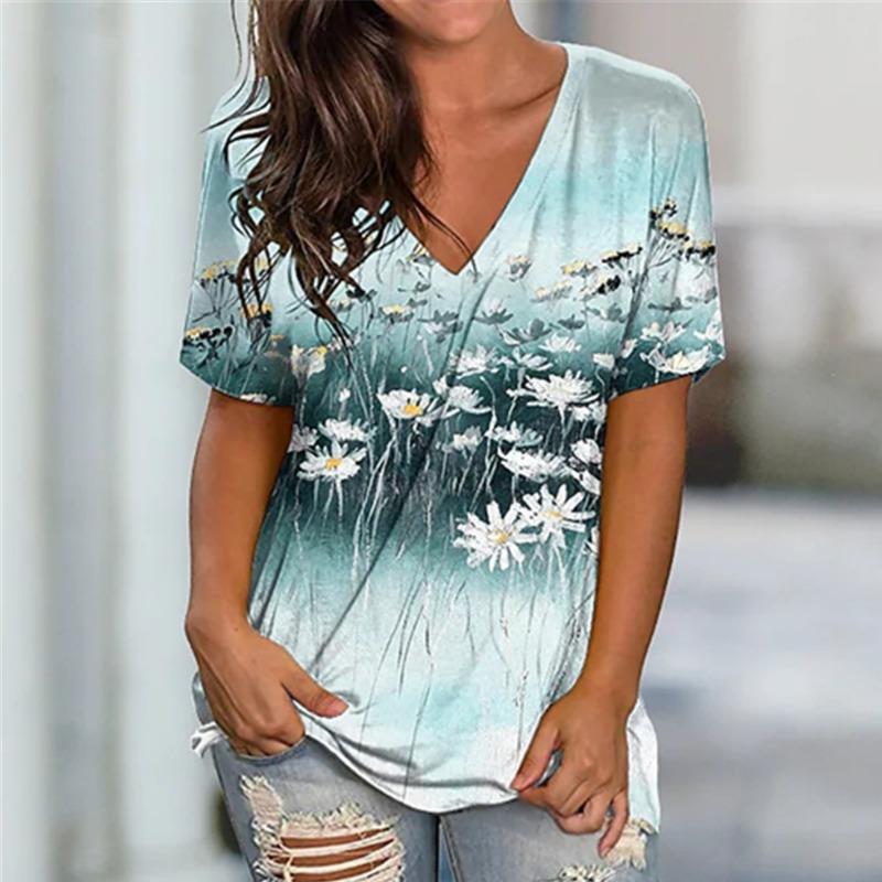 Летние цветочные градиентные 3D цифровые принты свободные повседневные футболки с короткими рукавами и V-образным вырезом женские