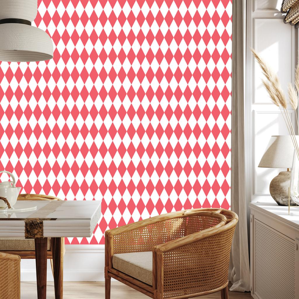 Harlequin Diamonds Wallpaper, coral background, coral center, 50x1000