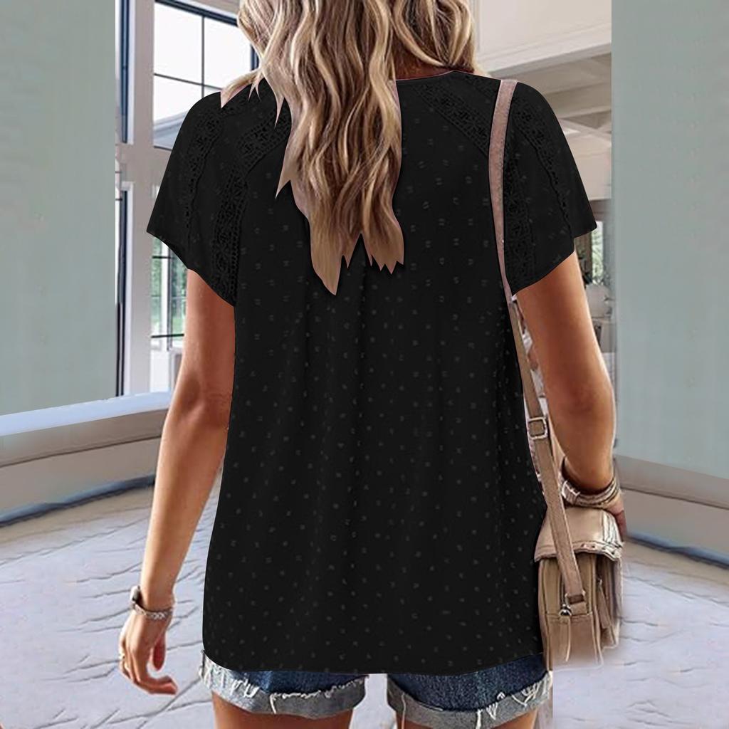 Solid Color Lace Hollow Pleated Top V-Neck Pullover Short Sleeved T-Shirt For Women