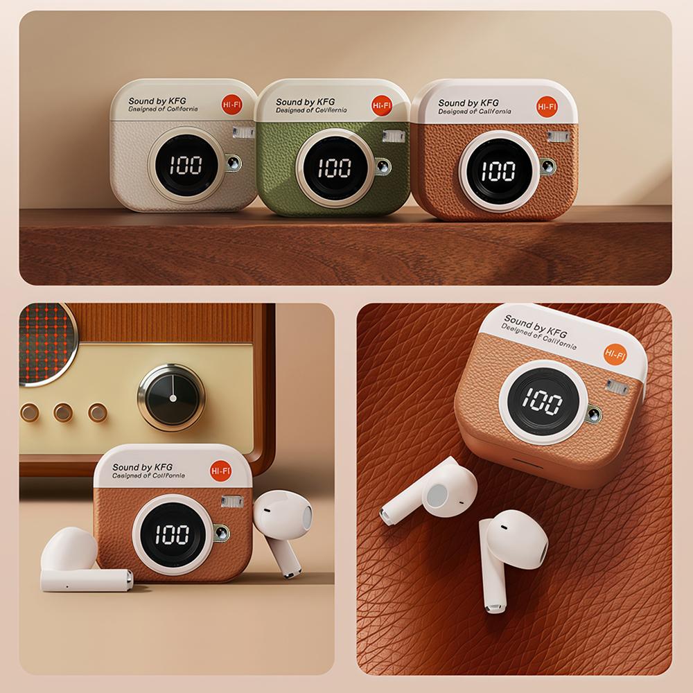 Xiaomi New Arrival Retro Camera Design Bluetooth Earphones Digital LED Display Semi In Ear Wireless Headset Leather Shell Touch Playbac