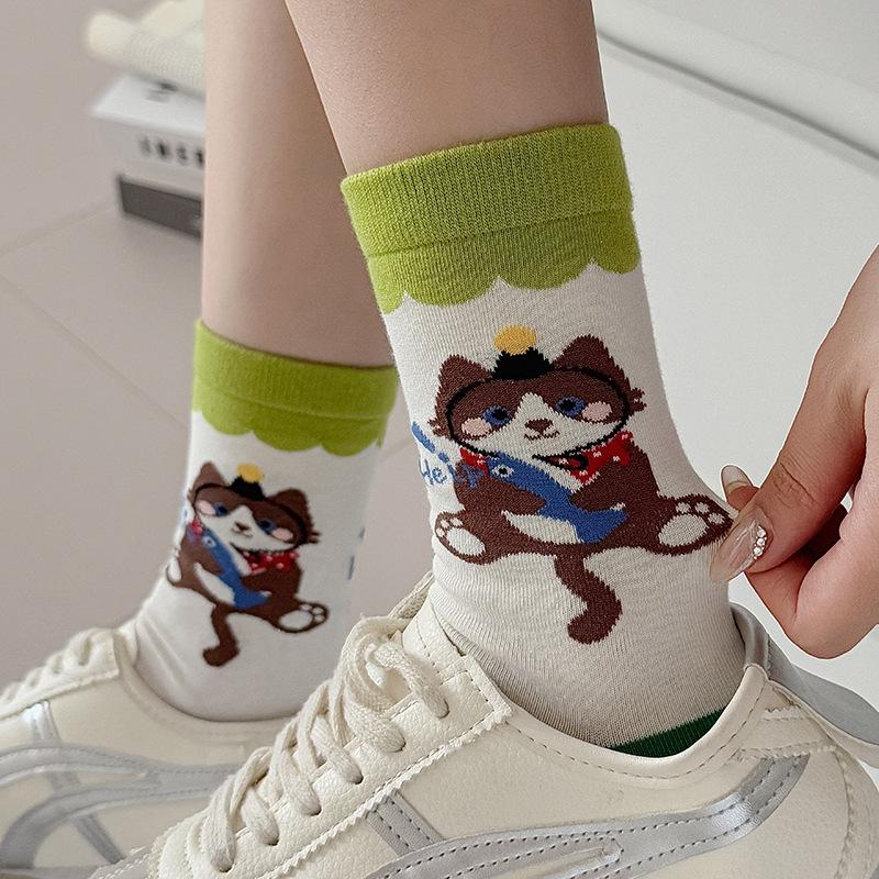 Осенние женские носки, носки до середины икры, махровые носки с мультяшным котом, студенческие носки для женщин