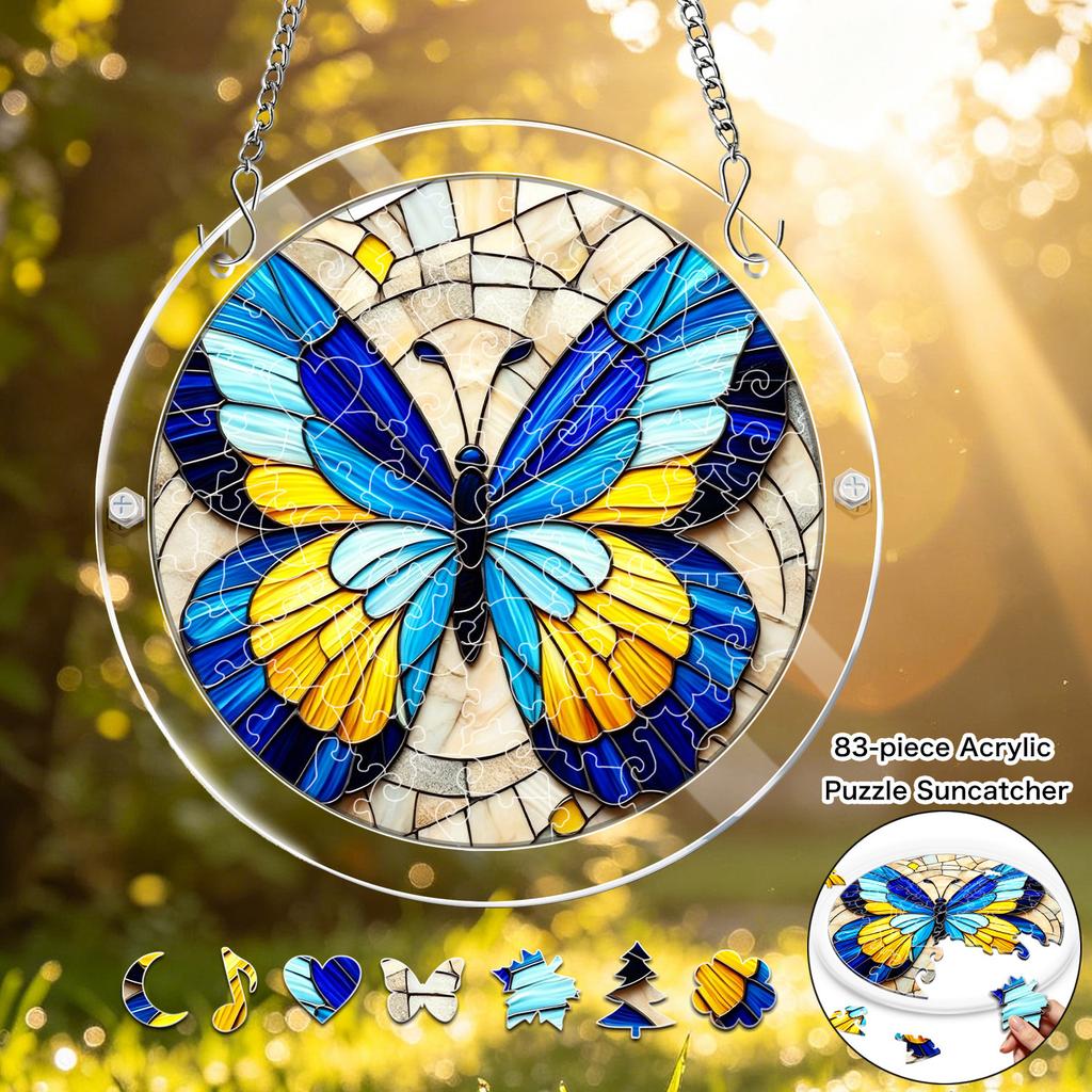 2D Flat, 1set/83pcs 18.8cm Acrylic Jigsaw Blue and Yellow Butterfly Stained Glass Style Acrylic Jigsaw Puzzle Suncatcher, Vibrant Mosaic Wing Design w