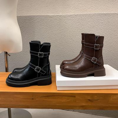 Новые ботильоны в стиле майярдового коричневого цвета в британском стиле женские 2025 новые осенне-зимние на толстой подошве универсальные и стройнящие с пряжкой-ремнем