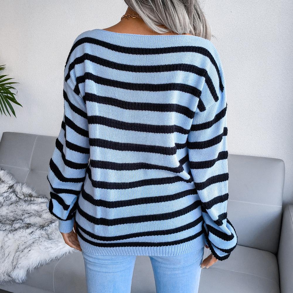 GMXIA Women's Fashion Casual Stripe Print Autumn Winter Long Sleeve One Shoulder Loose Off-the-shoulder Knit Sweater