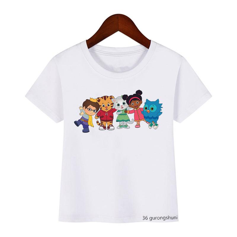 Модная детская футболка, милая футболка с мультяшным принтом Daniel Tiger's Neighborhood для мальчиков, летние футболки в стиле Харадзюку для девочек, белые топы