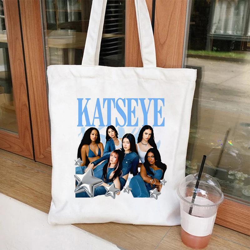 Katseye Kpop Merch Canvas Tote Bag Shoulder Handbag Shopping Bag Large Capacity Eco Friendly Fan Gift White