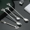 Stainless Steel Water Cup Stirring Spoons Leaf Shape Dessert Spoon Fork Fruit Scraping Spoon Fork