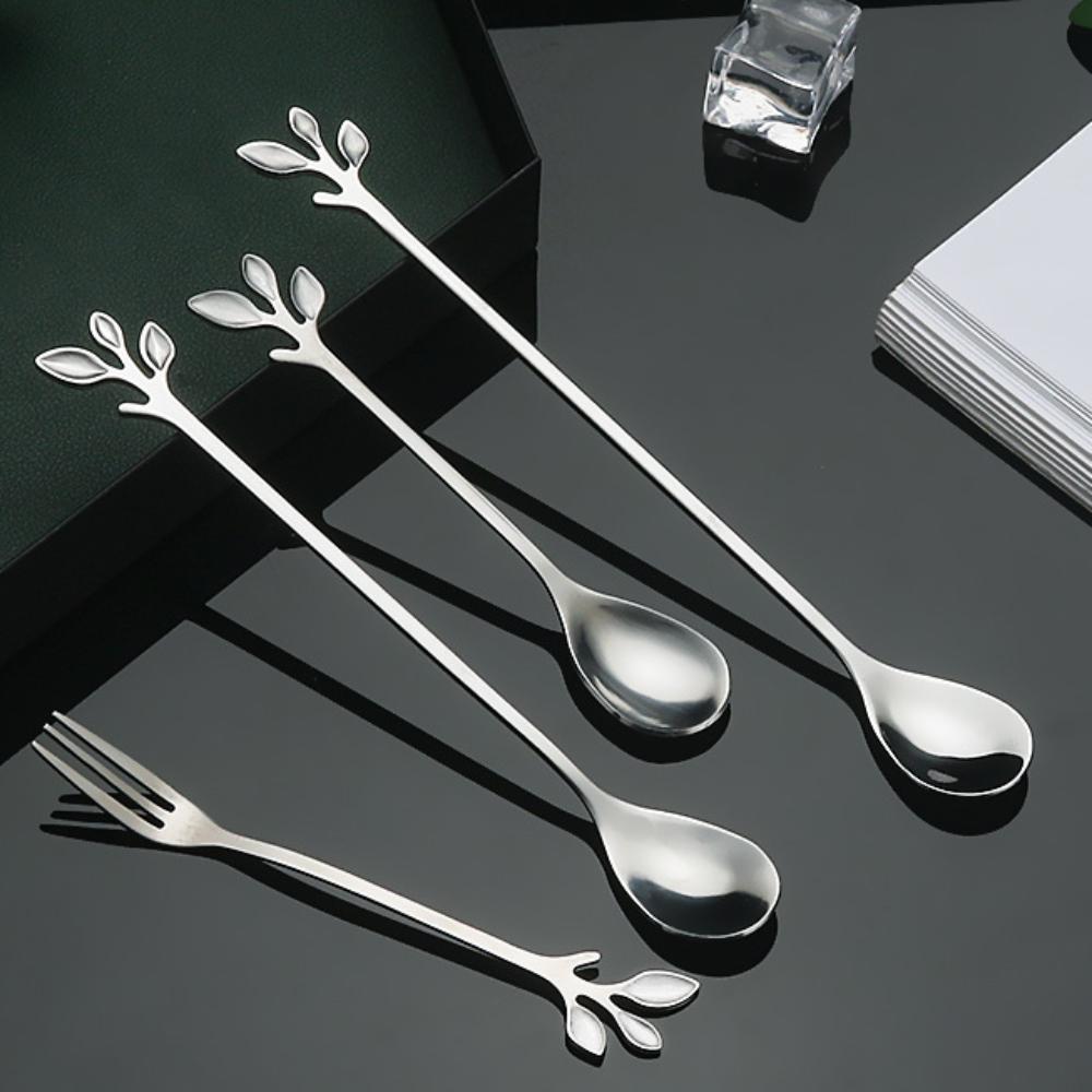 Stainless Steel Water Cup Stirring Spoons Leaf Shape Dessert Spoon Fork Fruit Scraping Spoon Fork
