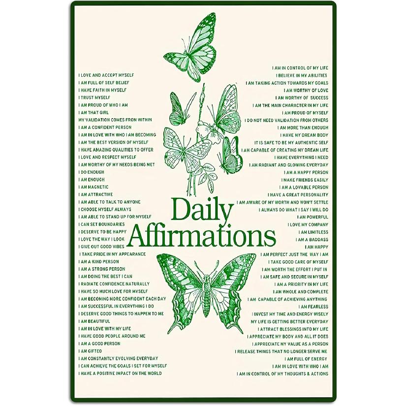 Daily Positive Affirmations Posters pirational Metal Tin Sign Green Boho Room Aesthetic Decoration Home Office Classroom Cafe Bar Wall Decor 8x12