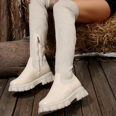 Ботинки большого размера для женской осени и зимы, новые, с круглым носком, на толстой подошве, до колена, вязаные, эластичные женские ботинки