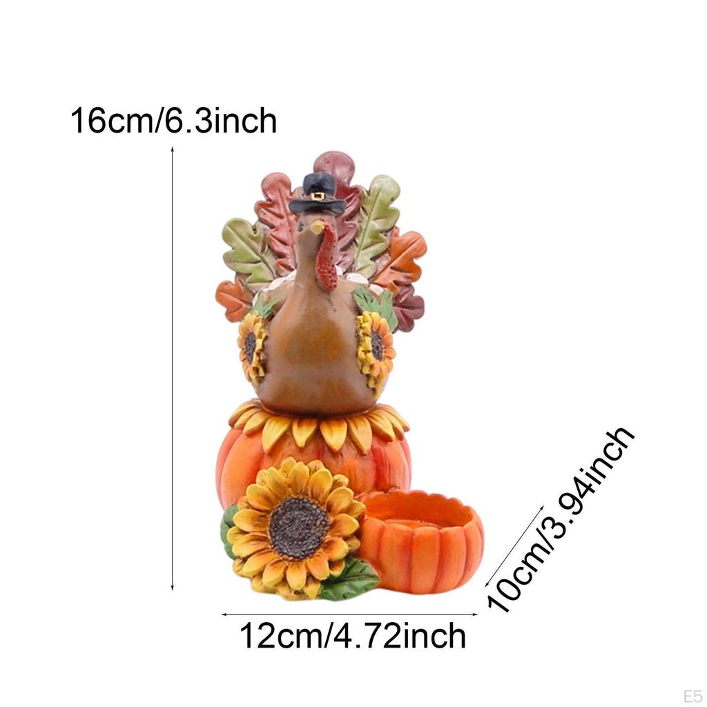 Candle Holder Turkey Statue with Pumpkin Ornament Decoration Thanksgiving Sculpture Resin Figurine
