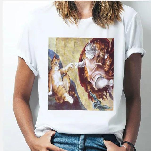 Oil Painting Cat Women's Fashion Personality Spoof Classic Oil Painting T-shirt Women Clothing Tops Harajuku Aesthetic Oversized