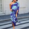 Women's One Shoulder Maxi Dress Batwing Sleeves Floral Printed Split Long Dress Pleated High Waist Cocktail Party Dress