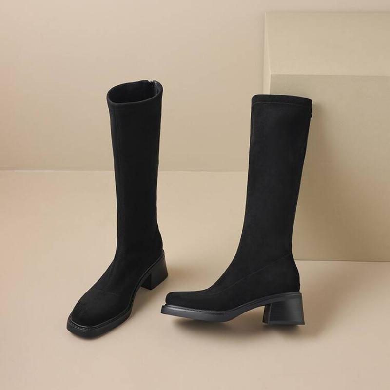 Корейская версия новых замшевых высоких сапог однотонные на задней молнии на среднем каблуке большого размера женские кожаные сапоги осень и зима круглый носок Мартин б
