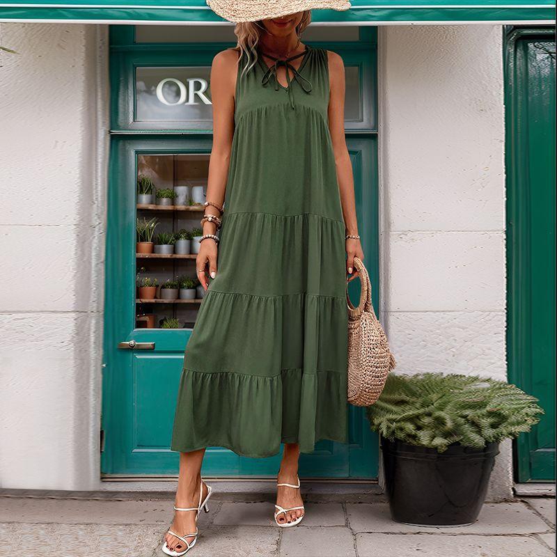 YYFS Женская мода лето весна однотонный принт без рукавов с v-образным вырезом свободная талия повседневные платья