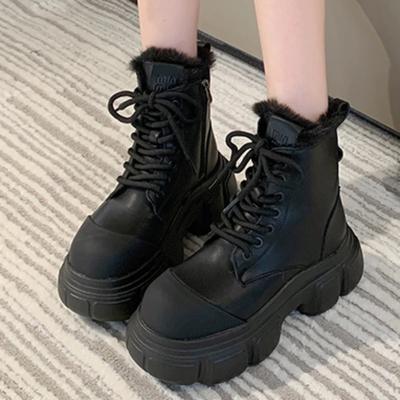 Shoes for Women 2024 Hot Sale Lace Up Women's Boots Winter Round Toe Solid Plush Warm Platform Water Proof Fashion Naked Boots