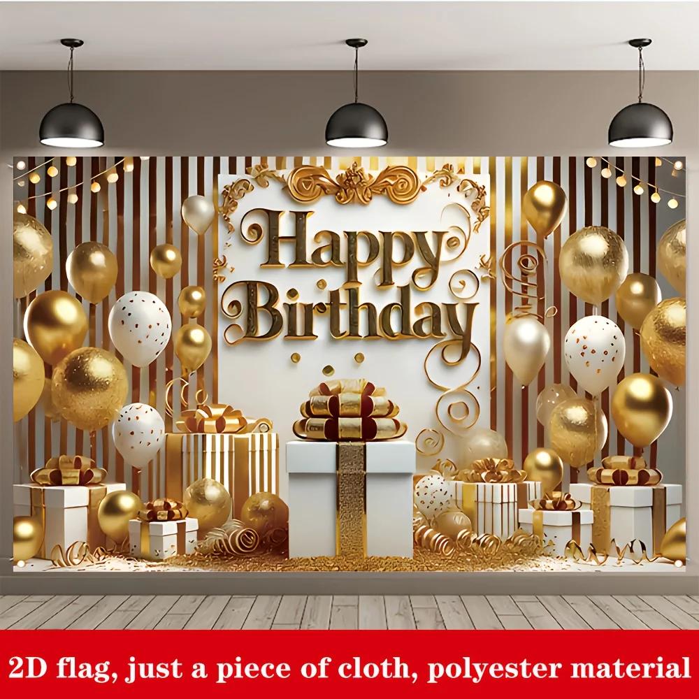 2D flat luxurious golden birthday party banner - 179.83 cm x 109.98 cm - polyester material