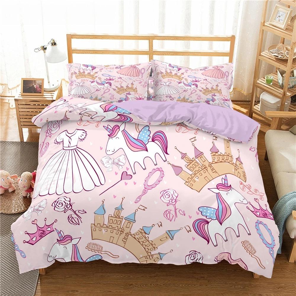 Kids Cartoon Duvet Cover Set Full/Queen Microfiber 3D Bedding Set Soft Pink Castle Princess Comforter Cover with Home Textile