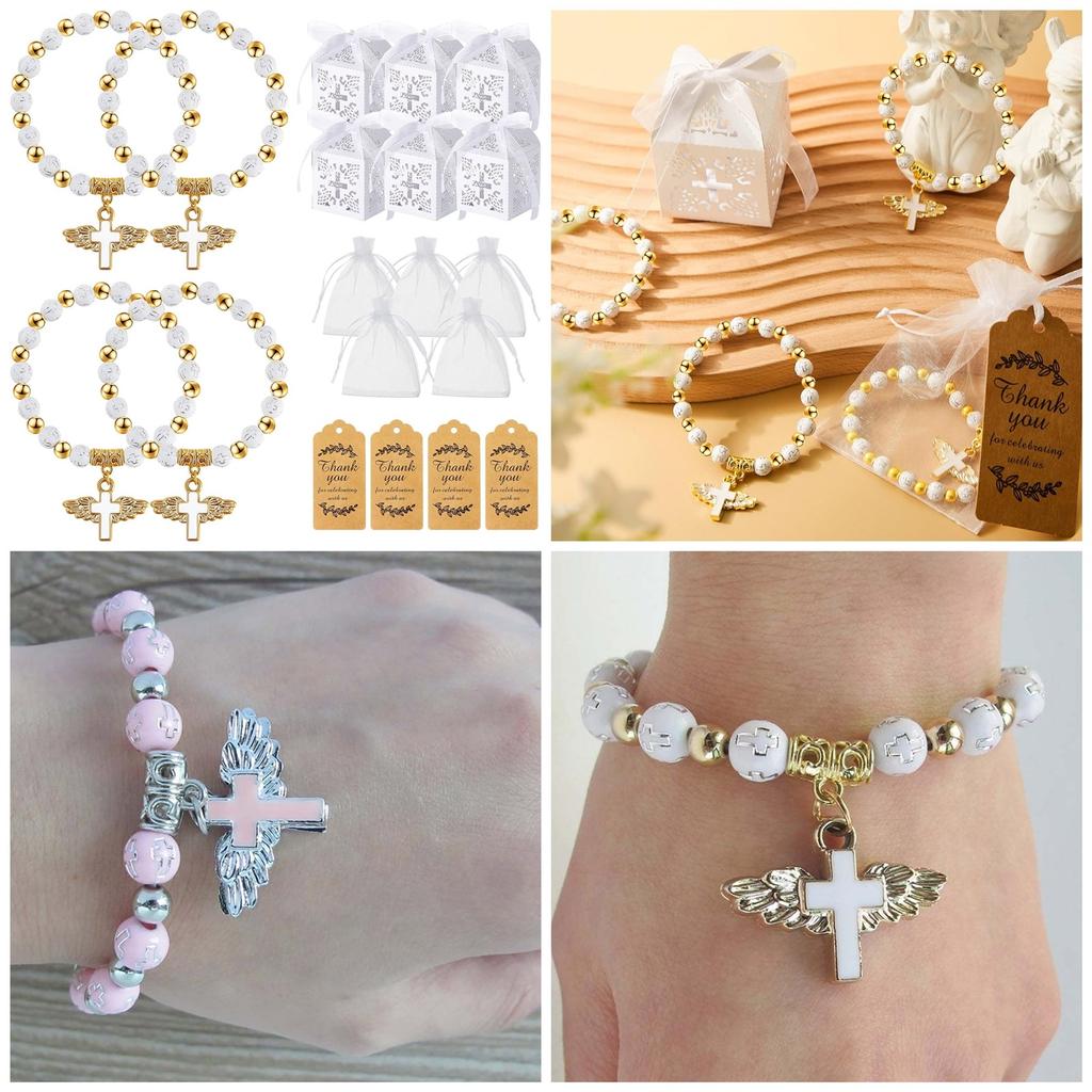 10pcs Baptism Gift Set with Angel Cross Prayer Bracelet and Thank You Tags Baptism Favor Boxes Stylish Baptism Supplies