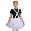 Kids Girls Chocolate Factory Worker Halloween Costume Mock Neck Short Stripe-Cuffed Sleeves Back Cut Puffy Built-In Crotch Press Buttons Dress Braces