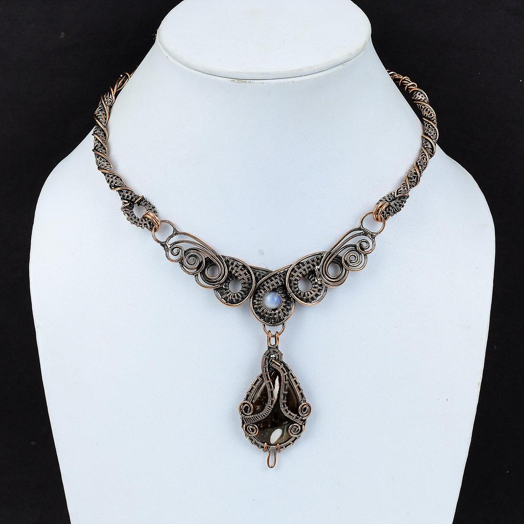 Ожерелье из арахисового дерева и яшмы, ювелирные изделия из медной проволоки, ожерелье из настоящего драгоценного камня, медное ожерелье ручной работы, проволочная обмотка, ожерелье из радужного лунного камня