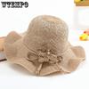 Spring Summer Wide Wavey Brim Knitted Flower Bow Sun Hats Retro Simple Elegant Breathable Foldable Outdoor Beach Sunscreen Hats