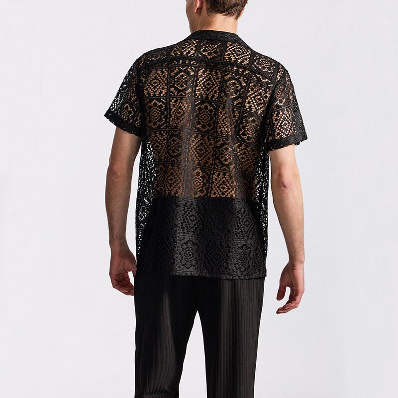 Мужская сетчатая кружевная трикотажная рубашка с коротким рукавом, ажурные танцевальные рубашки с перспективой, летняя уличная одежда, топы для ночных клубов и дискотек