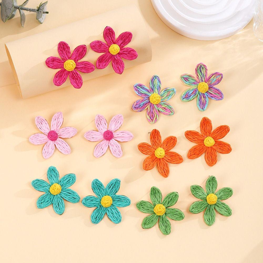 Ethnic Style Sunflower Earrings Raffia Flower Stud Earrings Sweet Weaved Ear Accessories Daily