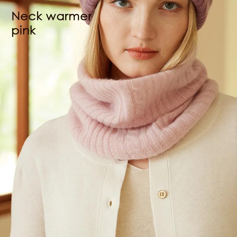 Women 100% Cashmere Tube Scarf Cable Knit Neck Warmer Ring Double Faced Thick Cap Reversible Knitted Beanies Winter 2-Pcs Set