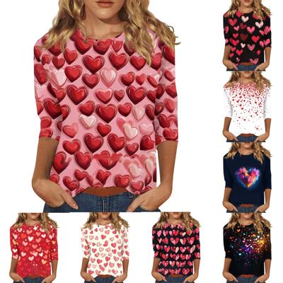 Женская повседневная свободная футболка с круглым вырезом и принтом ко Дню святого Валентина с рукавами три четверти