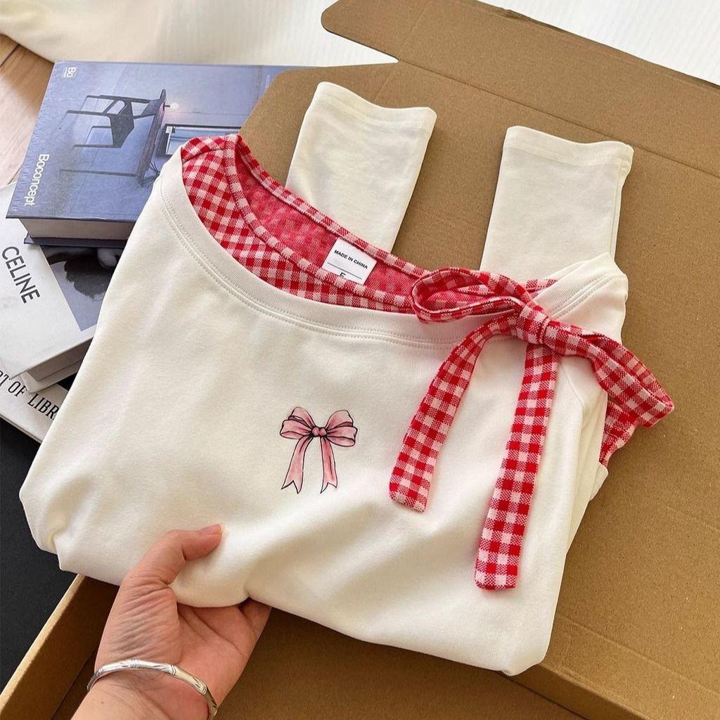 Girls Long Sleeve T Shirt With Colorblock Plaid Pattern For Spring Casual Wear