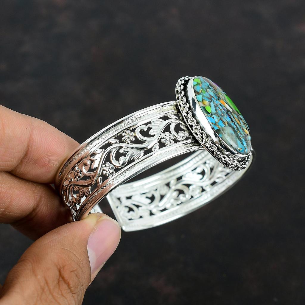 Fiesta Kingman Turquoise Cuff Bracelet Multi Copper Turquoise Bangle 925 Sterling Silver Adjustable Bangle Handmade Genuine Gemstone Jewelry
