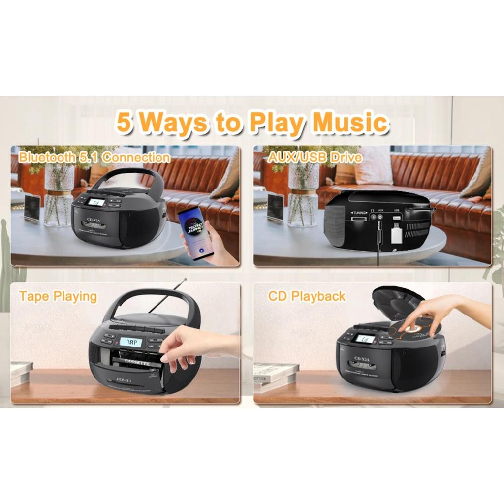 Портативный CD-бумбокс с кассетным плеером и диктофоном, CD-радио FM AM с Bluetooth и USB MP3, питание от сети AC/DC с пультом дистанционного управления
