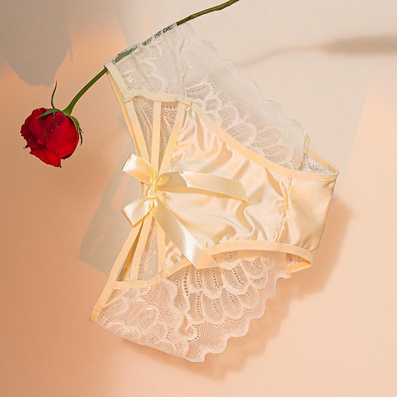 Bowknot Hollow Lace Panties for Women Satin Pure Cotton Crotch Breathable Sexy Mid-waist Women Briefs Underwear Knickers EMA