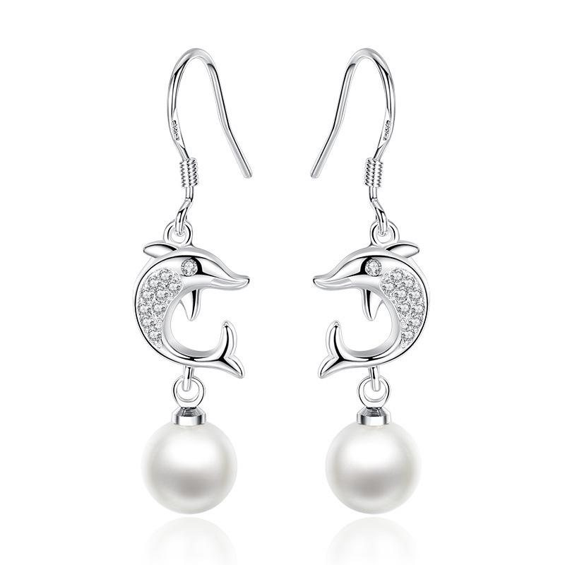 Ladies Elegant Zircon Dolphin Pearl Eardrop Earrings