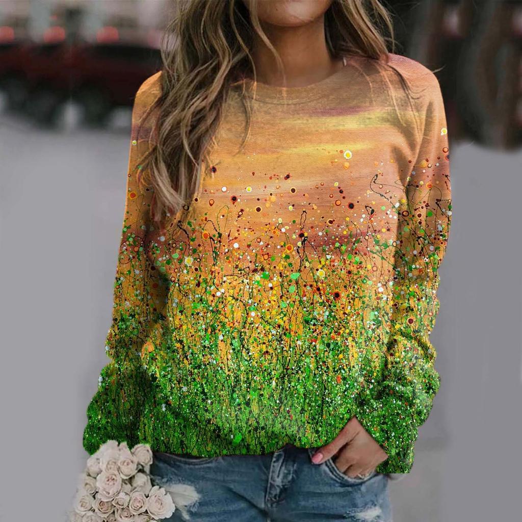 Spring and Summer Women's 3D Digital Printed Personalized Round Neck Long Sleeved T-shirt