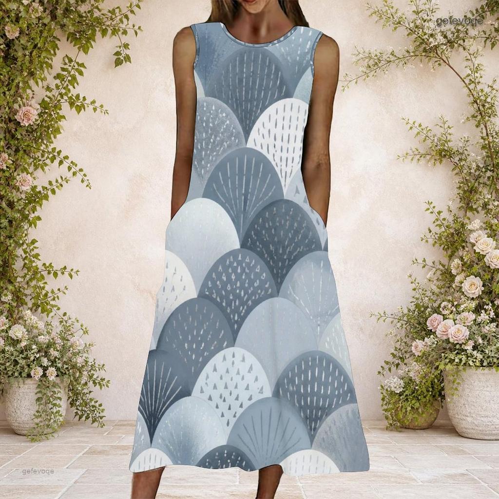 Women Plus Size Round Neck Sleeveless Geometric Printed A Line Maxi Dress With Side Pockets