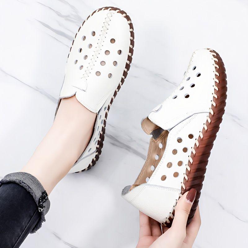 Ортопедические сандалии из натуральной кожи женские плоские слипоны с круглым носком мягкая дышащая нескользящая обувь для ходьбы с хорошим сводом стопы