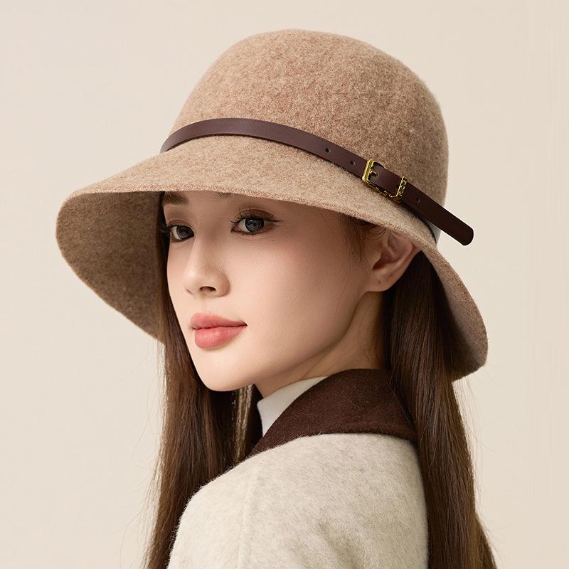 Осенне-зимняя шерстяная шляпа-рыбак с поясом, женская шерстяная шляпа-тазик