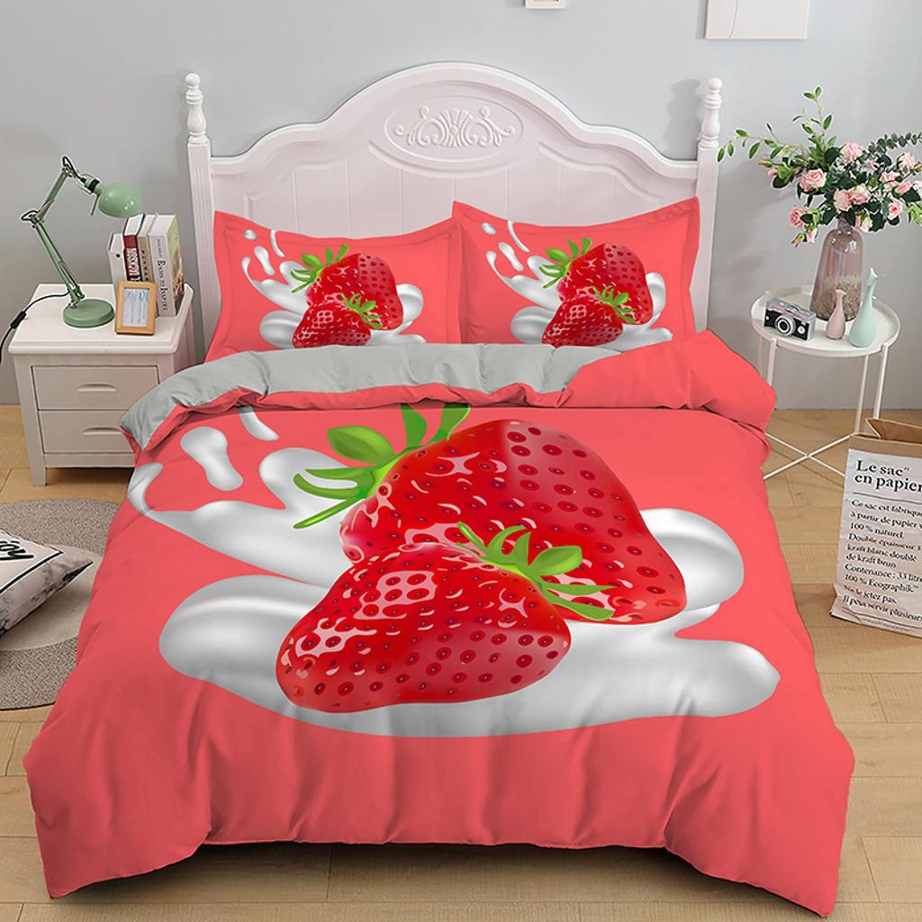 Постельное белье с клубникой для девочек, пододеяльник с сладкой клубникой для детей, розовый, милый мультфильм, фруктовая еда, девичий белый цветочный декор для комнаты