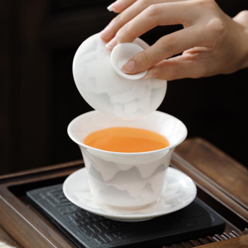 National style ink and wash white porcelain cover bowl household living room cover bowl teacup ceramic tea holiday souvenir