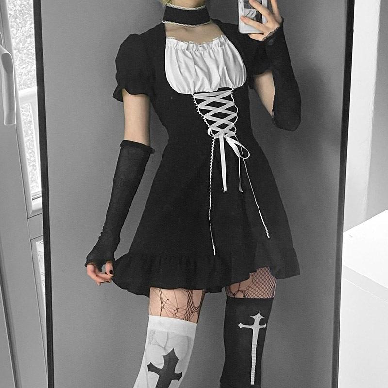 Y2k Готическое платье Лолита, женское темно-черное платье в студенческом стиле, осеннее контрастное цветное платье с пышными рукавами и завязками, женское платье