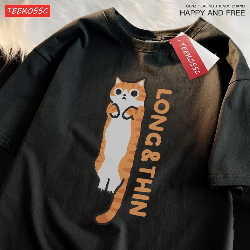 Тонкий Кот Полоска Летний Оранжевый Кот Сиамский Спущенное Плечо Футболка с Коротким Рукавом Мужская Женская Хлопок Тренд Веселый Кот Японские Футболки