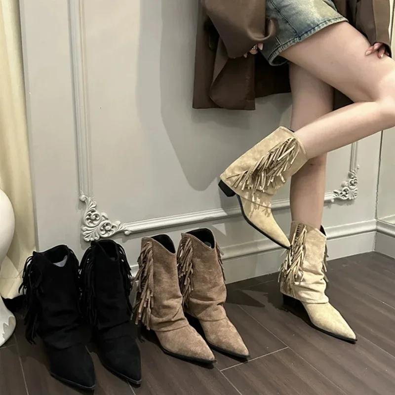 Vintage Square Heel Women Western Cowgirl Boots Fashion Slip On Shoes Autumn Winter Ladies Tassels Short Booties