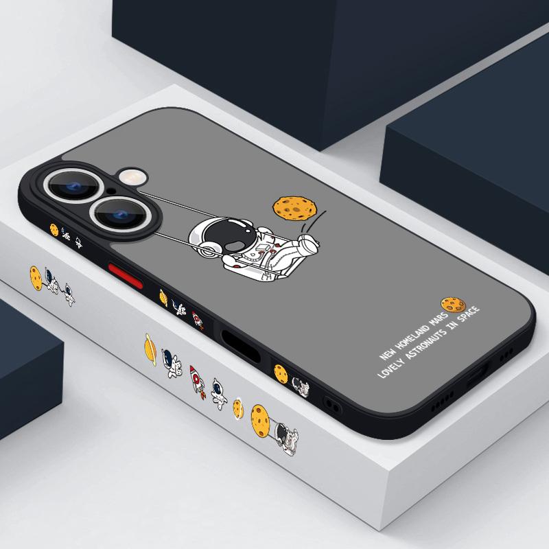 Матовый прозрачный чехол с рисунком лунного астронавта для iPhone 16 Pro Max 15 Plus 14 13 Pro 12 11 XR, защитный ремешок для объектива, противоударный, мягкий, тонкий чехол для телефона