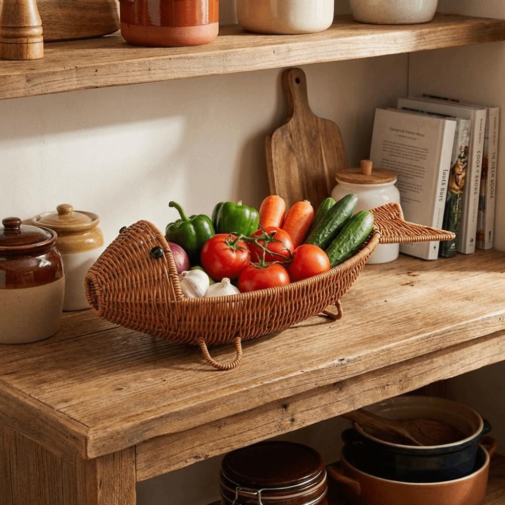 Fish Shape Hand Woven Fruit Basket Plastic Woven Storage Basket Drain Basket  Kitchen Storage