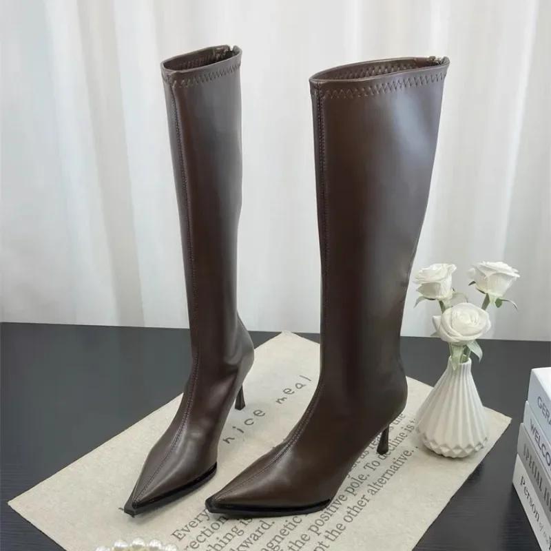 Модная женская обувь 2024 года, модные женские сапоги на молнии, весна-осень, острый носок, однотонные, сексуальные, на высоком каблуке или шпильке