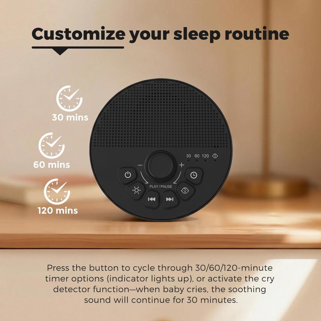 White Noise Machine with Cry Sensor 30 Soothing Sounds Night Light for Babies Kids Adults Sleep Home Office Timer Rechargeable