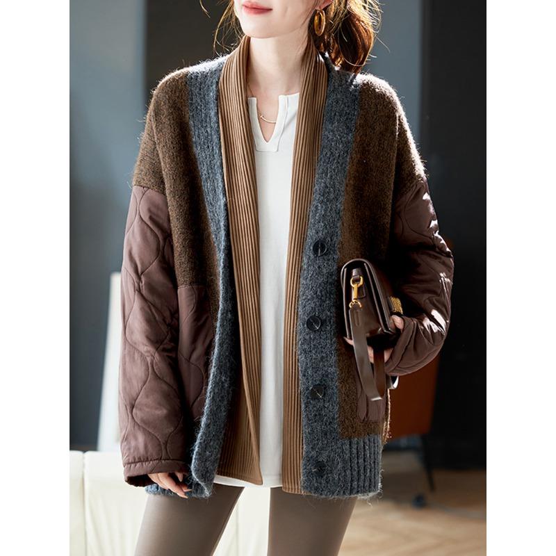 Dimanaf 2024 Зимние женские свитера Джинсовые пэчворк Ватные пуговицы Пальто Вязаная куртка Поддельный двухсекционный свободный свитер